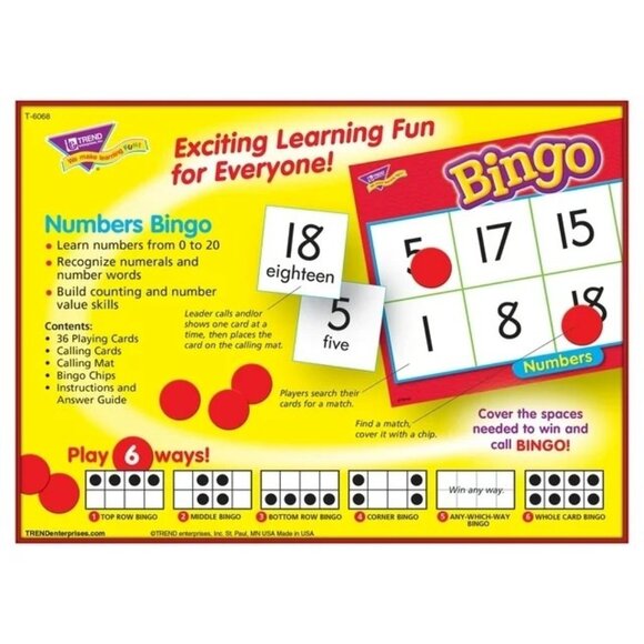 Numbers Bingo Game For Ages 4+ With 6 Play Variations & 36 Cards By Trend Enterp - Picture 4 of 7
